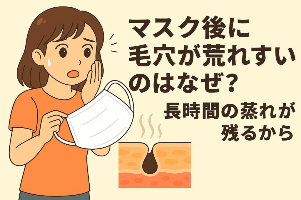 「マスク後に毛穴が荒れやすいのはなぜ？──長時間の蒸れが残るから」を説明するイラスト。左側にはマスクを外して毛穴の荒れを心配する女性。右下の皮膚断面図では、マスク内の蒸れによって熱や湿気がこもり、角層がふやけて毛穴トラブルを起こしやすい状態が描かれている。