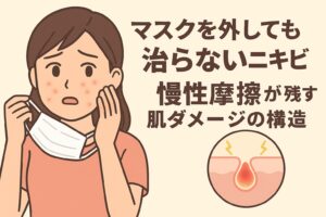 マスクを外しても治らないニキビの原因をテーマにしたイラスト。ピンクの服の女性がマスクを外し、頬のニキビを気にして不安そうにしている。右下の毛穴断面図には炎症を起こした赤いニキビが描かれ、「慢性摩擦が残す肌ダメージの構造」を表している。テキストには「マスクを外しても治らないニキビ 慢性摩擦が残す肌ダメージの構造」と書かれている。