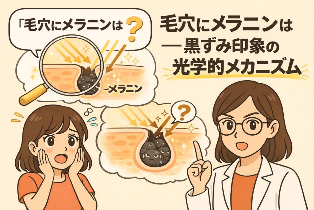 毛穴の黒ずみが「メラニンによるもの」に見える理由を、光の反射・吸収という光学的メカニズムで解説した図解イラスト。毛穴内部の角栓や影が光を吸収して暗く見える様子を拡大図で示し、実際にはメラニンが主因ではないケースが多いことを、解説役の女性とともに分かりやすく説明している教育的ビジュアル。