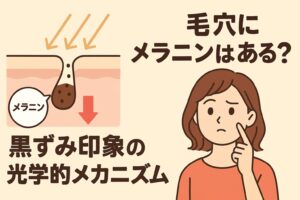 毛穴にメラニンが存在するのかを解説するイラスト。左側には毛穴の断面図が描かれ、黒いメラニンが蓄積している様子が見える。上から光が当たる矢印が描かれ、黒ずみが光の反射によって強調される構造を示している。右側ではオレンジの服の女性が頬に指を当てて考えており、テキストには「毛穴にメラニンはある？黒ずみ印象の光学的メカニズム」と書かれている。