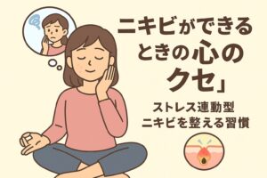 ニキビができるときの「心のクセ」をテーマにしたイラスト。ピンクの服の女性が瞑想のように座り、落ち着いた表情で頬を触れている。左上には不安そうな自分を思い出す吹き出しがあり、右下の毛穴断面図には赤い炎症が描かれている。テキストには「ニキビができるときの心のクセ ストレス連動型ニキビを整える習慣」と書かれている。
