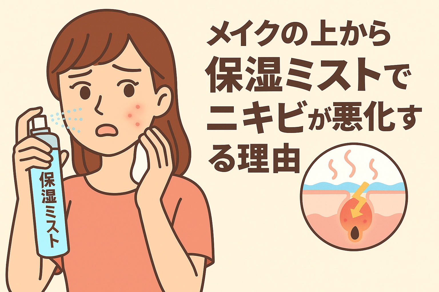 メイクの上から使う保湿ミストによるニキビ悪化をテーマにしたイラスト。ピンクの服の女性が驚いた表情でミストを顔に吹きかけている。右下の毛穴断面図には、蒸気と炎症の矢印が描かれ、過剰な保湿が毛穴詰まりや皮脂のこもりを招く様子を示している。テキストには「メイクの上から保湿ミストでニキビが悪化する理由」と書かれている。