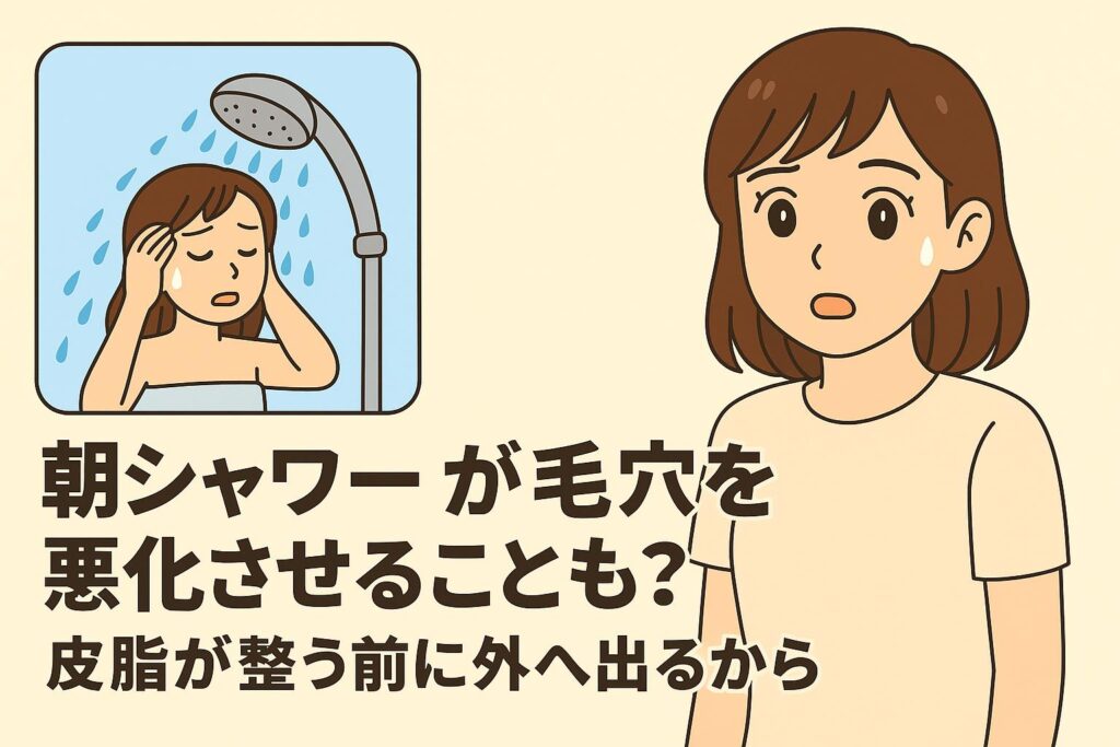 「朝シャワーが毛穴を悪化させることも？──皮脂が整う前に外へ出るから」を解説するイラスト。左側には朝シャワーを浴びている女性のイラストがあり、右側にはその影響を心配する女性の表情。下部の説明文では、朝シャワー後は皮脂膜がまだ整っておらず、外気の刺激を受けやすく毛穴トラブルが悪化しやすいという内容を示している。