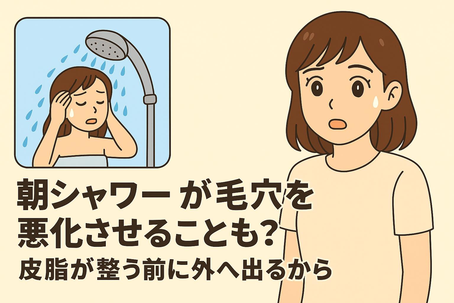 「朝シャワーが毛穴を悪化させることも？──皮脂が整う前に外へ出るから」を解説するイラスト。左側には朝シャワーを浴びている女性のイラストがあり、右側にはその影響を心配する女性の表情。下部の説明文では、朝シャワー後は皮脂膜がまだ整っておらず、外気の刺激を受けやすく毛穴トラブルが悪化しやすいという内容を示している。