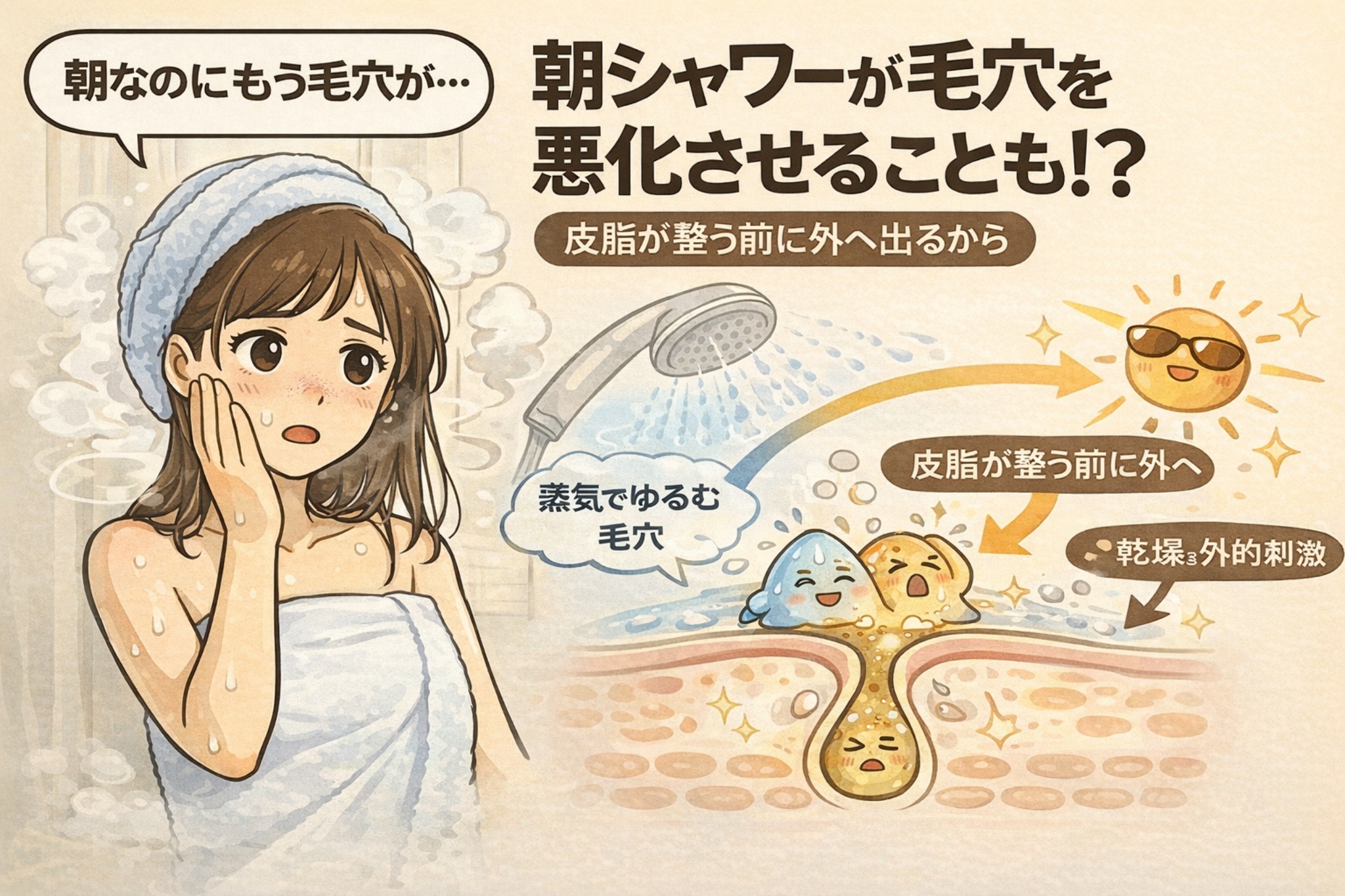 朝のシャワーが毛穴状態を悪化させる可能性を解説するイラスト。蒸気で毛穴がゆるんだ直後、皮脂バランスが整う前に外出することで、乾燥や外的刺激を受けやすくなる流れを毛穴断面図で表現。タオル姿で頬を気にする女性と、朝日・外気にさらされる毛穴構造を対比し、朝シャワーの注意点を分かりやすく伝えている。