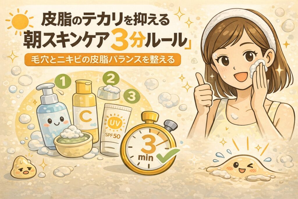 朝のスキンケアで皮脂のテカリを抑える「3分ルール」を解説したイラスト。洗顔・化粧水（ビタミンC）・UV対策の3ステップを、タイマーとアイコンで示し、毛穴とニキビの皮脂バランスを整える簡単な朝習慣を分かりやすく表現している。