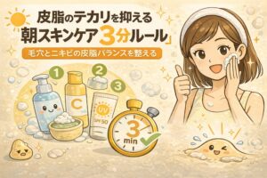 朝のスキンケアで皮脂のテカリを抑える「3分ルール」を解説したイラスト。洗顔・化粧水（ビタミンC）・UV対策の3ステップを、タイマーとアイコンで示し、毛穴とニキビの皮脂バランスを整える簡単な朝習慣を分かりやすく表現している。