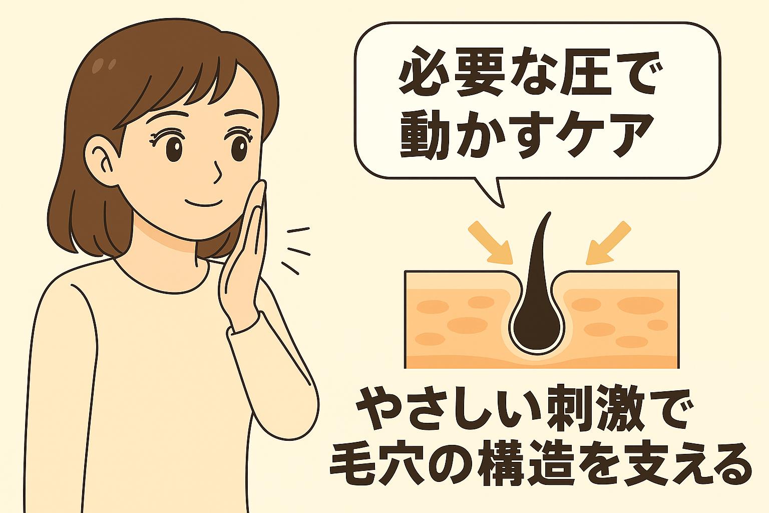 「必要な圧で動かすケア──やさしい刺激で毛穴の構造を支える」を説明するイラスト。 左側には、肌を優しく触りながら満足げな表情を見せる女性。 右側の皮膚断面図では、過度な摩擦ではなく“必要な圧”で毛穴周りを動かし、構造を整える様子が矢印で示されている。 肌を守りながら毛穴の動きをサポートするケアの考え方を視覚的に表現した図。