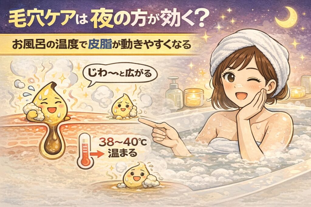 毛穴ケアは夜が効果的な理由を、お風呂の温度によって皮脂が動きやすくなる構造から解説したイラスト。38〜40℃の入浴で毛穴周辺が温まり、皮脂がじわっと広がって動きやすくなる様子を、毛穴断面図とバスタイムのシーンで視覚的に示している。