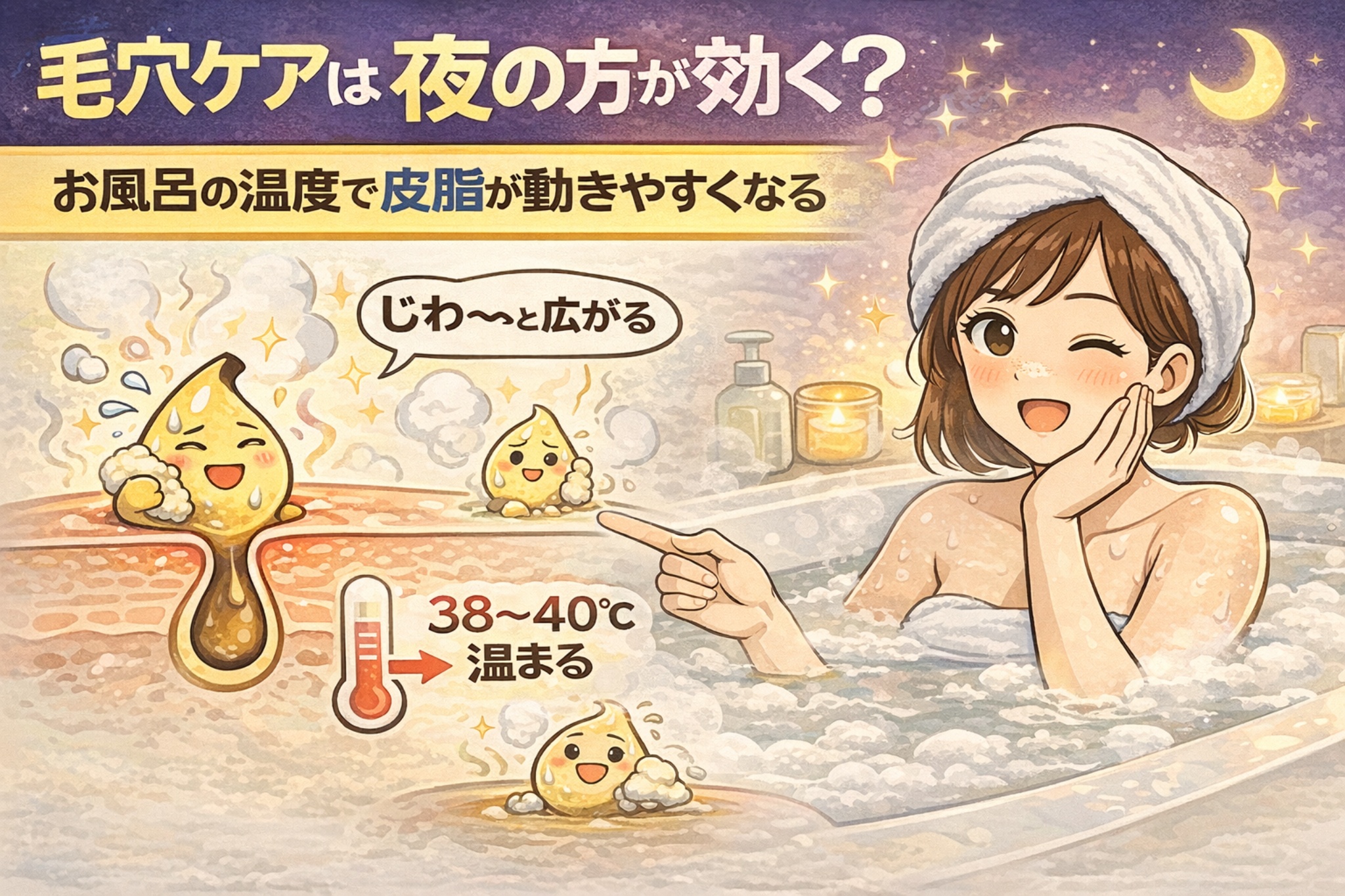 毛穴ケアは夜が効果的な理由を、お風呂の温度によって皮脂が動きやすくなる構造から解説したイラスト。38〜40℃の入浴で毛穴周辺が温まり、皮脂がじわっと広がって動きやすくなる様子を、毛穴断面図とバスタイムのシーンで視覚的に示している。