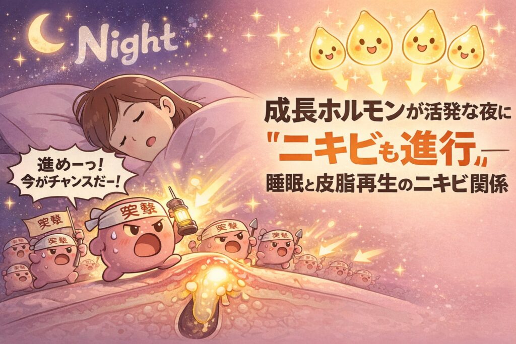 成長ホルモンが活発になる夜にニキビが進行しやすい理由を解説するイラスト。眠っている間に皮脂分泌や皮膚再生が進み、毛穴の中でニキビが悪化していく様子を、夜空と睡眠シーン、キャラクター化したニキビの動きで表現している。睡眠と皮脂再生の関係を視覚的に分かりやすく示した図解。