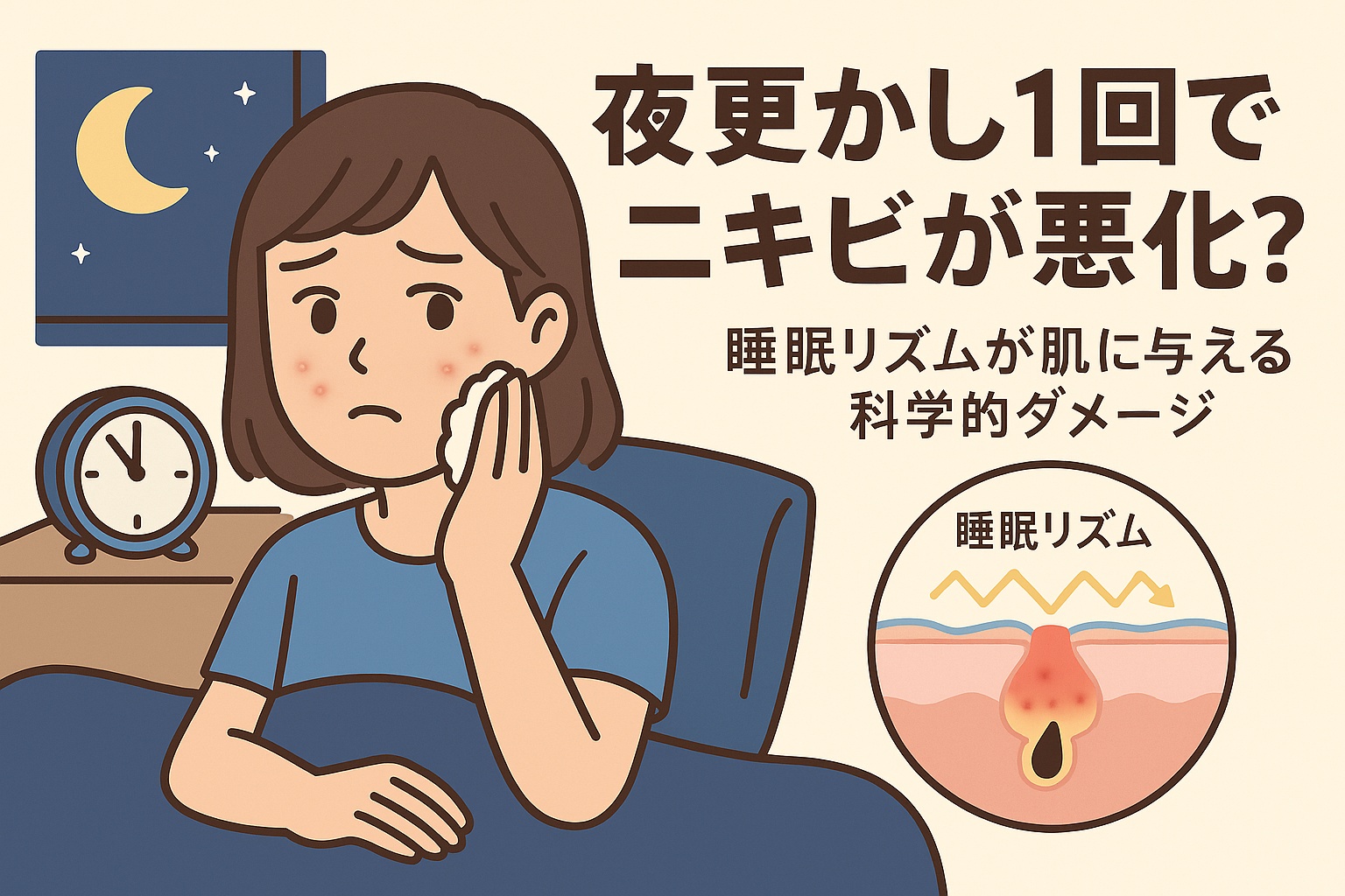 夜更かしがニキビ悪化に与える影響を描いたイラスト。青い服の女性が夜中に頬のニキビを気にしている。背景には月と時計があり、右下の毛穴断面図には「睡眠リズム」と書かれ、皮脂分泌リズムの乱れが炎症を起こす様子が示されている。テキストには「夜更かし1回でニキビが悪化?睡眠リズムが肌に与える科学的ダメージ」と書かれている。