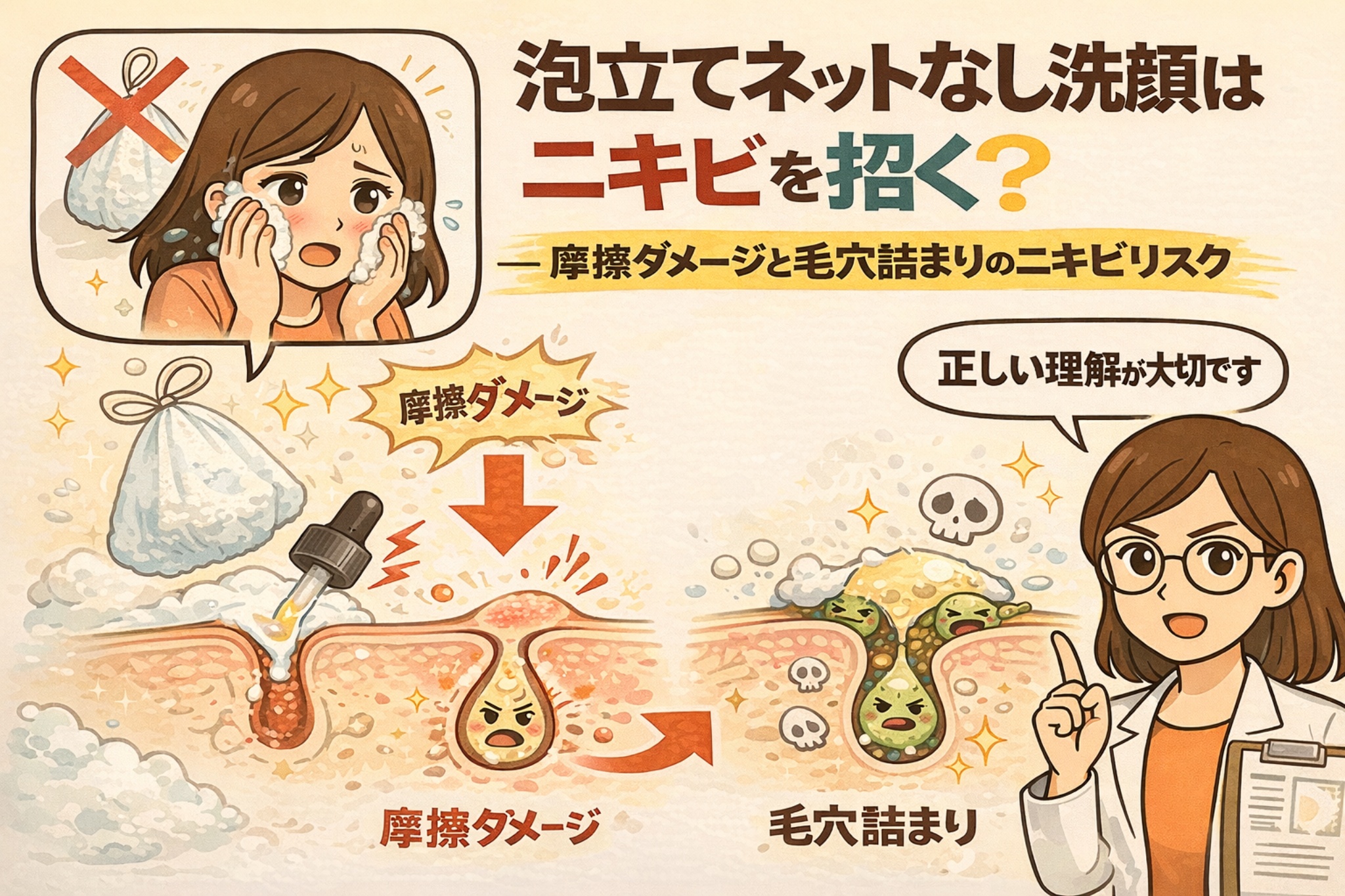 泡立てネットを使わない洗顔がニキビを招く理由を解説する図解イラスト。泡不足による摩擦ダメージが肌バリアを傷つけ、毛穴詰まりや炎症につながる流れを、洗顔中の女性と毛穴断面図で示している。