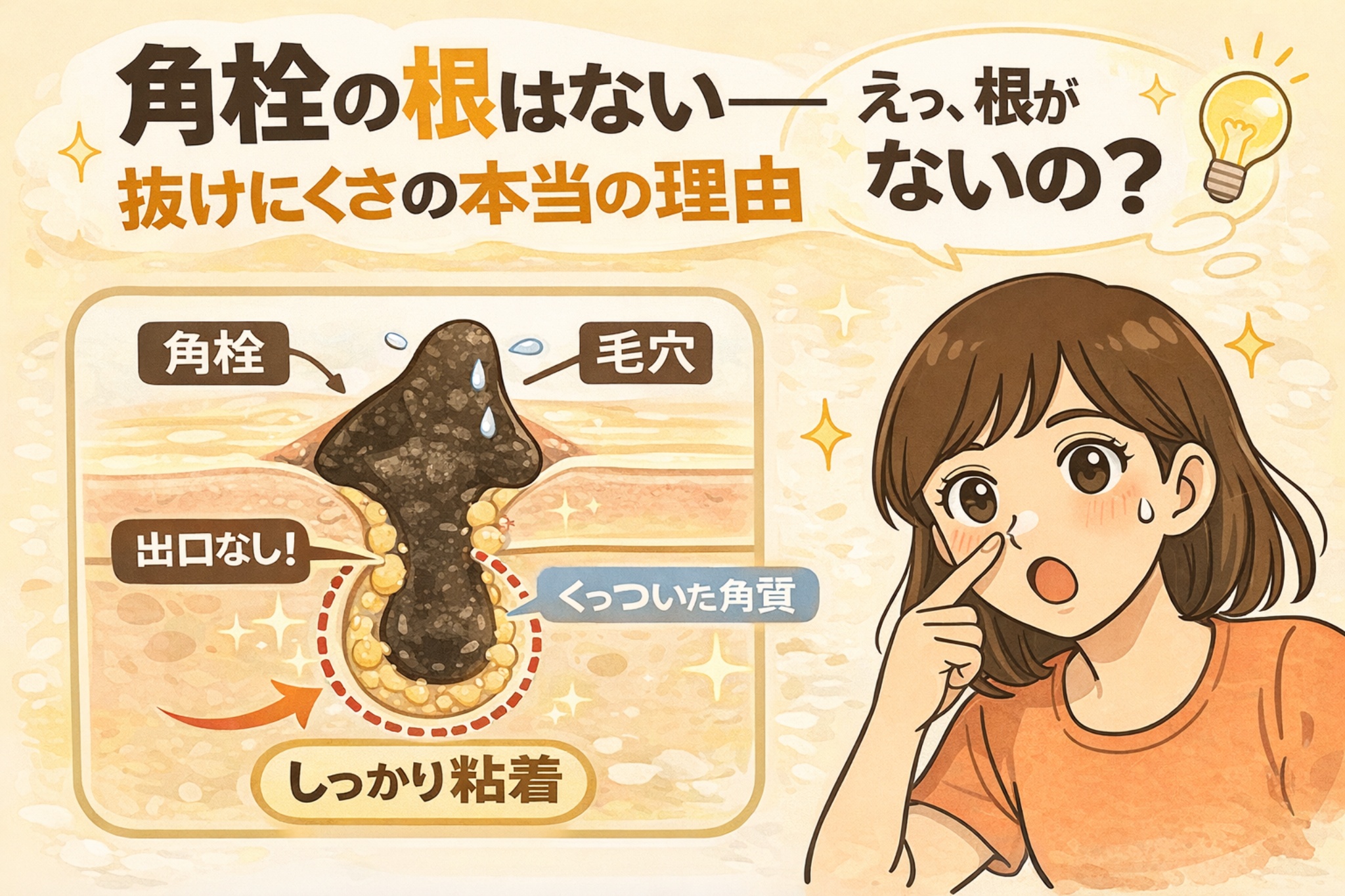 角栓には「根」が存在しない理由を解説する図解イラスト。毛穴断面図で、角栓が毛穴の奥に根付いているのではなく、出口のない構造の中で角質と皮脂が周囲に粘着して詰まっている様子を示し、鼻を指さして驚く女性キャラクターが描かれている。