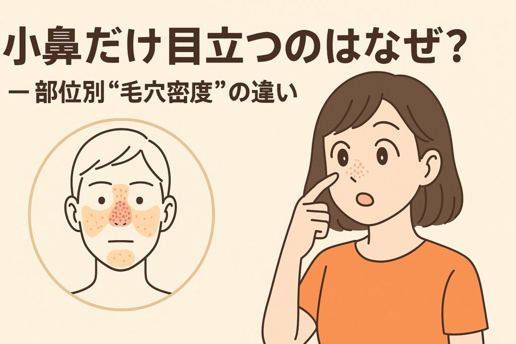 鼻の毛穴だけが目立つ理由をテーマにしたイラスト。オレンジの服を着た女性が鼻を指差し、不思議そうな表情をしている。左の図には顔の部位ごとの毛穴密度の違いが示され、鼻の部分が特に赤く強調されている。テキストには「小鼻だけ目立つのはなぜ？一部位別“毛穴密度”の違い」と書かれている。