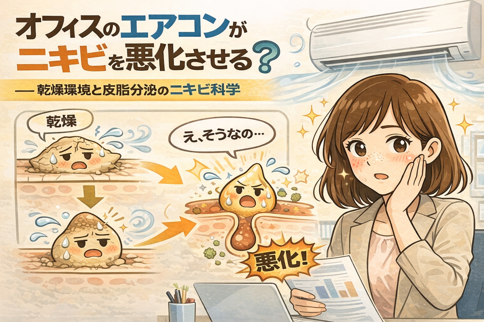 オフィスのエアコンによる乾燥環境が、皮脂分泌を乱してニキビを悪化させる仕組みを解説したイラスト。空調で水分を奪われた肌が防御反応として皮脂を過剰に出し、毛穴詰まりから炎症につながる流れを、毛穴断面図と働く女性の様子で表現している。