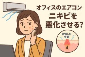 オフィスのエアコンによる乾燥とニキビ悪化の関係を描いたイラスト。茶色のジャケットを着た女性が頬のニキビを気にしている。左上にはエアコンから冷風が出ており、右下の毛穴断面図には「乾燥した空気」と書かれ、乾燥が原因で炎症が進む様子が示されている。テキストには「オフィスのエアコン ニキビを悪化させる？」と書かれている。