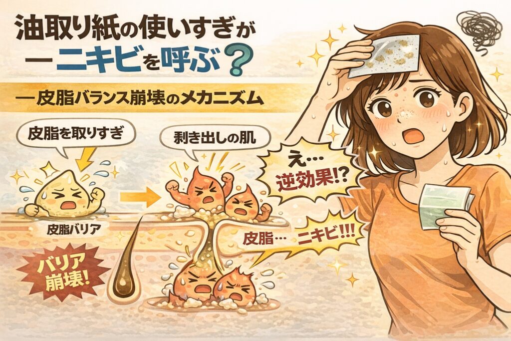 油取り紙を頻繁に使うことで皮脂を取りすぎ、皮脂バリアが崩れて毛穴が刺激され、結果的にニキビができる仕組みを解説したイラスト。皮脂バランスの崩壊と逆効果のメカニズムを、人物と毛穴断面の図解で表現している。