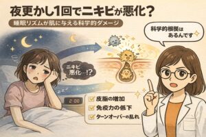 夜更かしを1回しただけでもニキビが悪化する可能性を解説するイラスト。睡眠不足によって皮脂分泌が増え、免疫力が低下し、肌のターンオーバーが乱れる流れを毛穴断面図で可視化。深夜2時を示す時計と、眠れず悩む女性、科学的根拠を示しながら説明する白衣姿の女性を対比し、睡眠リズムが肌状態に与える影響を分かりやすく伝えている。