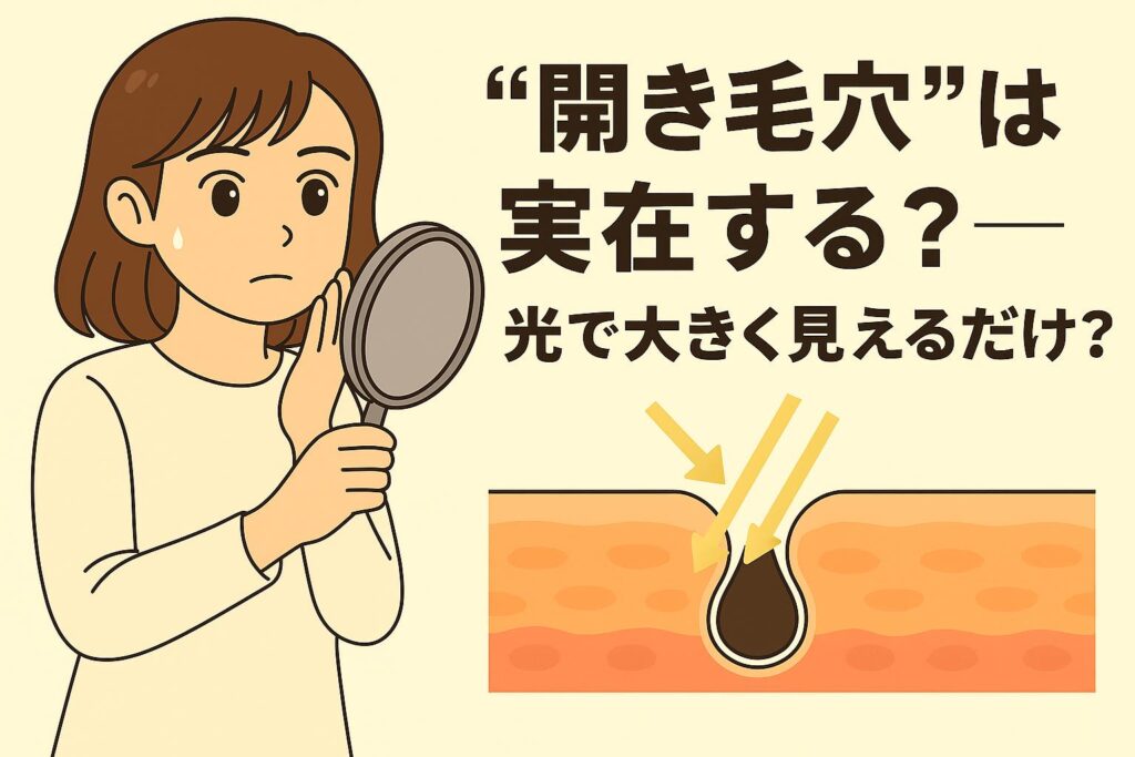「鏡を持ちながら“開き毛穴”を気にする女性。右側には皮膚断面図が描かれ、光が毛穴の影を強調して大きく見せる様子を矢印で示した図解。開き毛穴の正体を光の反射・影の構造で説明する教育系イラスト。」