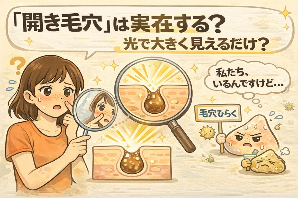 「開き毛穴」は本当に存在するのかを解説するイラスト。鏡と拡大鏡で毛穴を確認する女性と、光の当たり方によって毛穴が大きく見える仕組みを示した毛穴断面図、擬人化された毛穴キャラクターが描かれている。