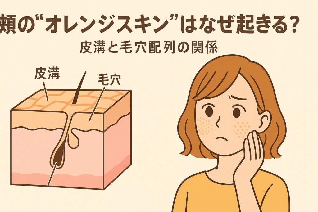 頬に現れる“オレンジスキン”の原因を解説するイラスト。左側には皮膚の断面図が描かれ、「皮溝」と「毛穴」の位置関係が示されている。右側では黄色い服の女性が頬に手を当て、心配そうにしている。テキストには「頬の“オレンジスキン”はなぜ起きる？ 皮溝と毛穴配列の関係」と書かれている。