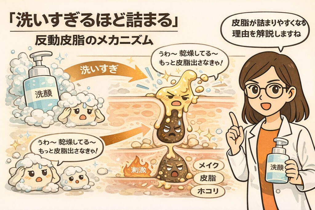 洗いすぎるほど毛穴が詰まりやすくなる「反動皮脂」の仕組みを図解したイラスト。過剰な洗顔で乾燥した肌が刺激を受け、皮脂分泌が増えて角栓ができやすくなる流れを、擬人化キャラクターと解説役の女性で表現している。