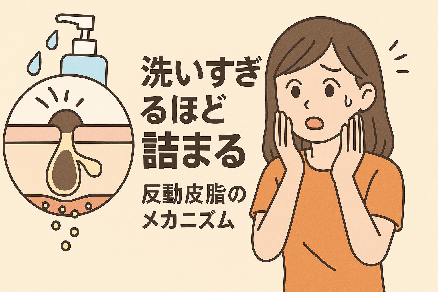 「洗いすぎるほど詰まる──反動皮脂のメカニズム」を説明するイラスト。左側に洗顔ボトルと毛穴断面図があり、皮脂が過剰に分泌されて詰まる様子が描かれている。右側では女性が驚きと焦りの表情で頬を押さえている。洗顔のしすぎによる皮脂の過剰分泌と毛穴詰まりの悪循環を視覚的に示す構造図。