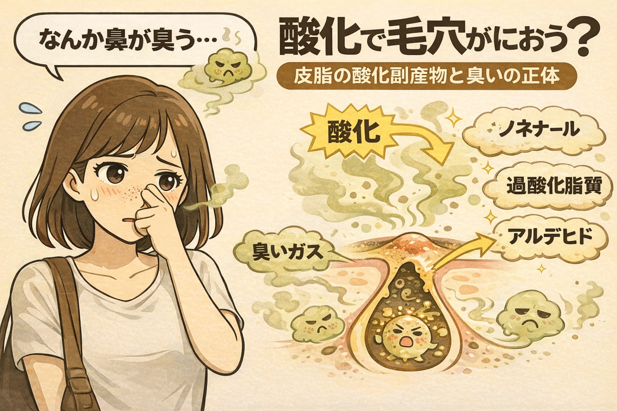 鼻のにおいが気になって指で押さえる女性と、毛穴内部で皮脂が酸化して臭い成分が発生する仕組みを描いたイラスト。皮脂の酸化によってノネナール、過酸化脂質、アルデヒドなどの酸化副産物が生じ、毛穴から臭いガスとして放出される構造を「酸化で毛穴がにおう?」というテーマで視覚的に解説している。