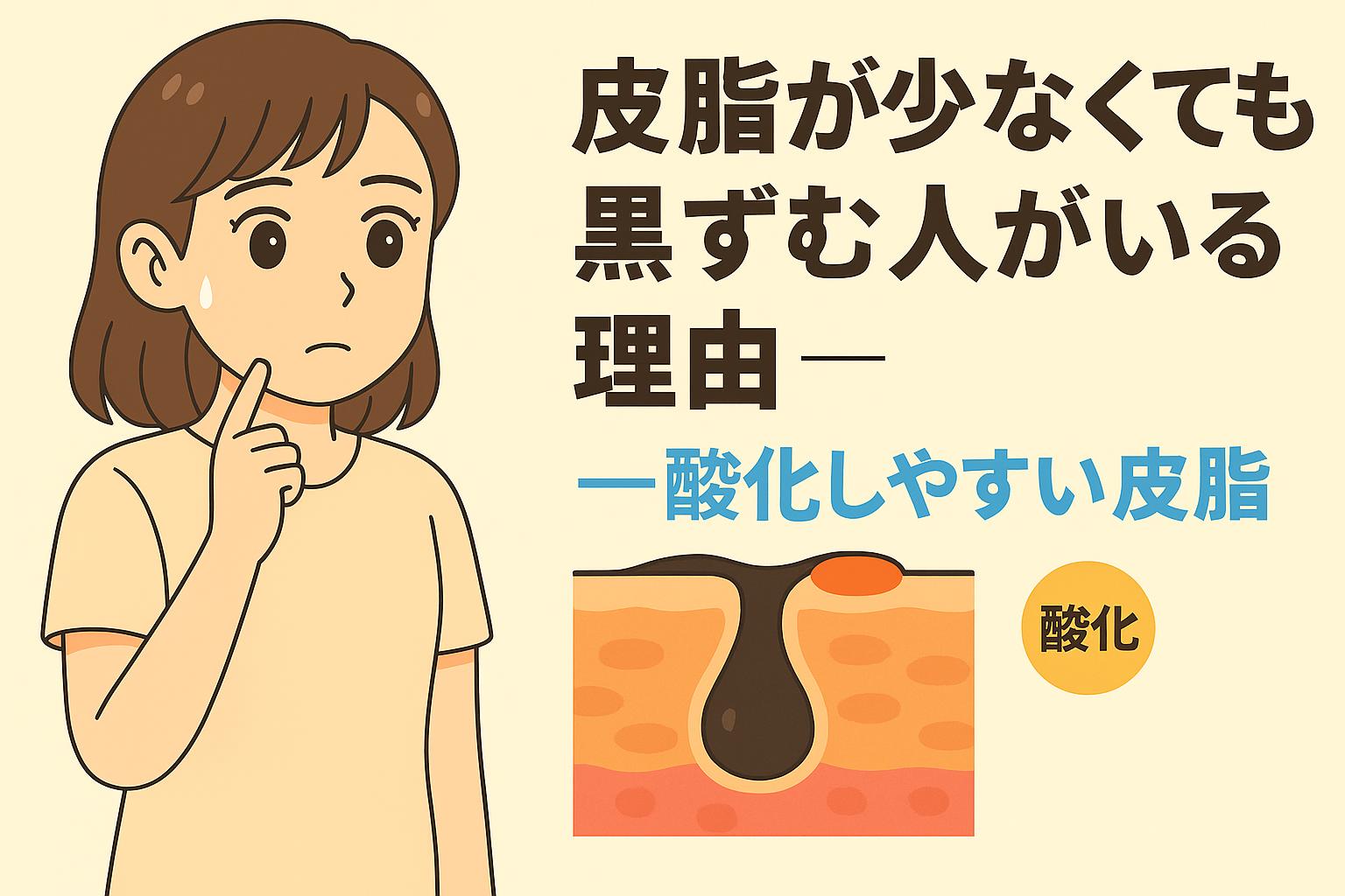 「皮脂が少なくても黒ずむ人がいる理由──酸化しやすい皮脂」を説明するイラスト。左側には鼻の黒ずみを不思議に思う女性。右側の皮膚断面図では、皮脂量が多くなくても酸化しやすい性質の皮脂が表面で黒ずみを作りやすい様子が示されている。皮脂の質によって黒ずみやすさが変わる仕組みを視覚的に解説した図。