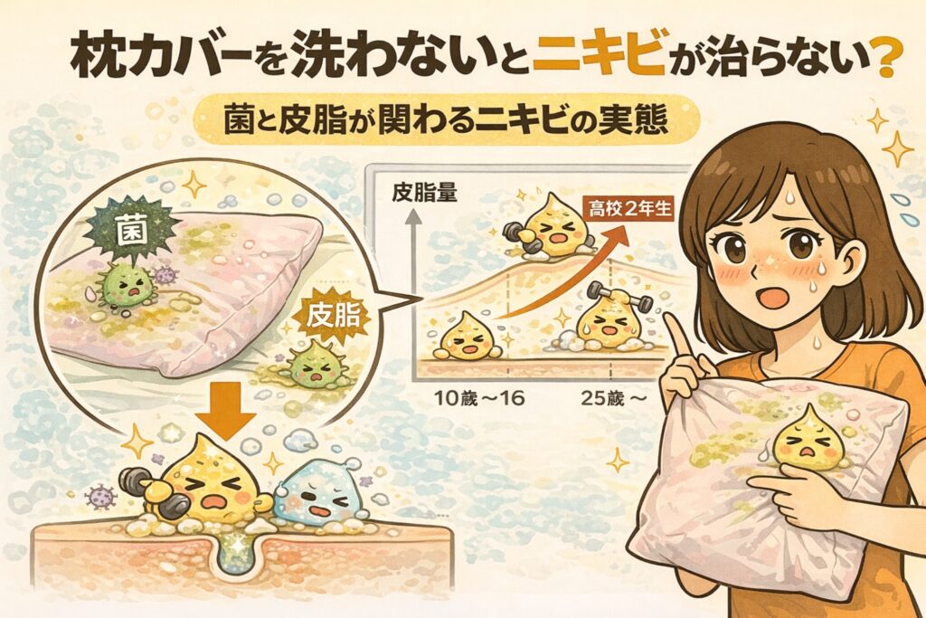 枕カバーを洗わないことで、皮脂と菌が蓄積しニキビが治りにくくなる仕組みを解説したイラスト。寝具に付着した皮脂と菌が肌に再接触し、毛穴内で炎症やニキビを引き起こす構造を、毛穴断面図と年齢別皮脂量の図で視覚的に示している。