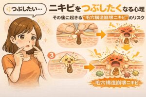 ニキビをつぶしたくなる心理と、その後に起きる毛穴構造崩壊ニキビのリスクを解説した図解イラスト。指で押し出されたニキビが炎症を起こし、毛穴内部の構造が壊れて悪化していく過程を段階的に表現している。