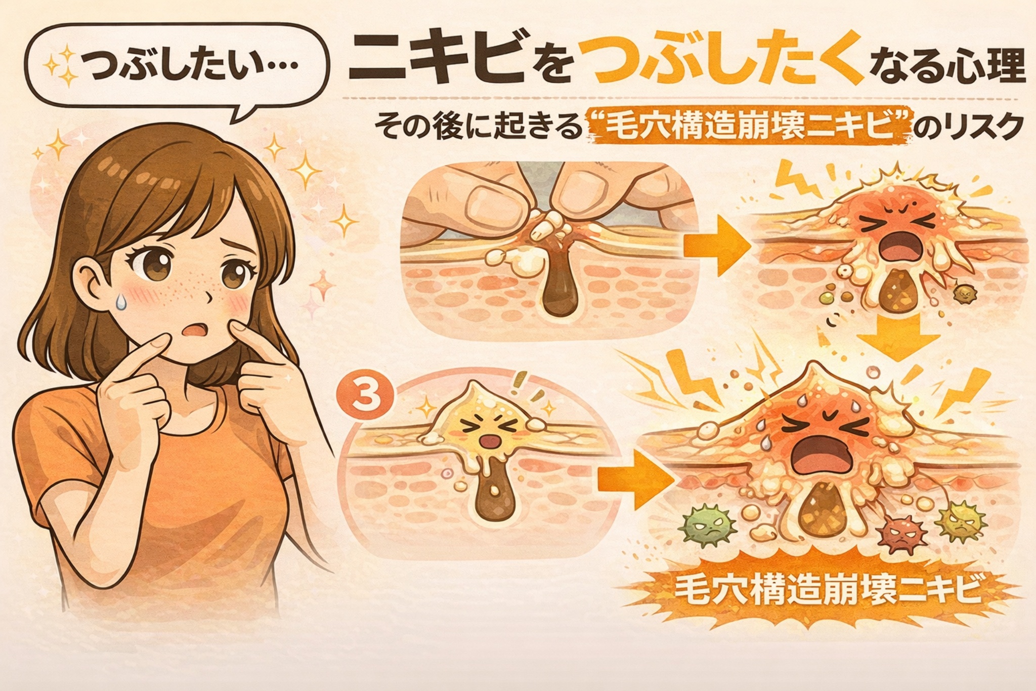 ニキビをつぶしたくなる心理と、その後に起きる毛穴構造崩壊ニキビのリスクを解説した図解イラスト。指で押し出されたニキビが炎症を起こし、毛穴内部の構造が壊れて悪化していく過程を段階的に表現している。