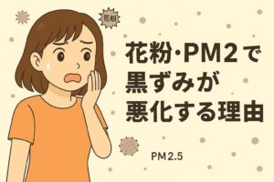「花粉・PM2で黒ずみが悪化する理由」を説明するイラスト。 左側には、肌の黒ずみ悪化に驚く女性が描かれており、周囲には花粉やPM2.5を示す粒子が飛んでいる。 右側のタイトル部分では、花粉や大気汚染物質が肌表面に付着し、皮脂と反応して酸化を進めることで黒ずみを悪化させるという仕組みを示唆している。