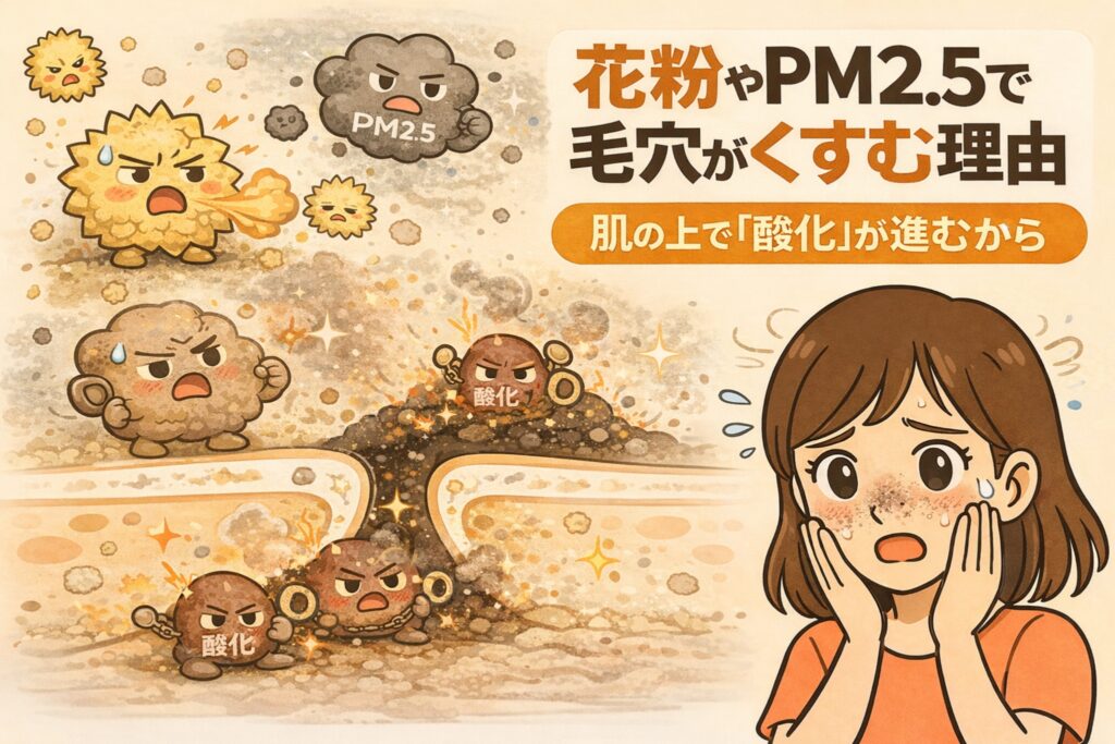 花粉やPM2.5が原因で毛穴がくすんで見える仕組みを解説した図解イラスト。空気中の花粉・PM2.5が肌表面に付着し、皮脂と反応して酸化が進むことで、毛穴内の角栓が黒ずみやすくなる様子を、毛穴断面図と擬人化キャラクターで表現している。右側では女性が鼻のくすみを気にしており、外的刺激による酸化と毛穴くすみの関係を分かりやすく示した教育的ビジュアル。