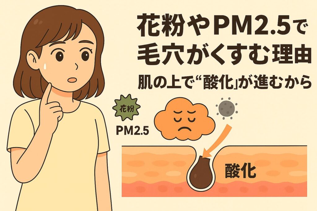「花粉やPM2.5で毛穴がくすむ理由──肌の上で“酸化”が進むから」を説明するイラスト。左側には花粉や大気汚染による肌のくすみを気にする女性。右側には花粉・PM2.5を示すイラストと、皮膚断面図が描かれ、汚染物質が毛穴に付着して酸化を進め、毛穴がくすんで見える仕組みを矢印とテキストで示している。
