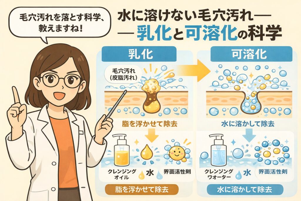 白衣と眼鏡の女性が毛穴汚れの落とし方を解説し、水に溶けない皮脂汚れを落とす「乳化」と「可溶化」の違いを図解したイラスト。左はクレンジングオイルによって脂を浮かせて除去する乳化の仕組み、右はクレンジングウォーターと界面活性剤によって水に溶かして除去する可溶化の仕組みを、毛穴断面と泡の表現で分かりやすく説明している。