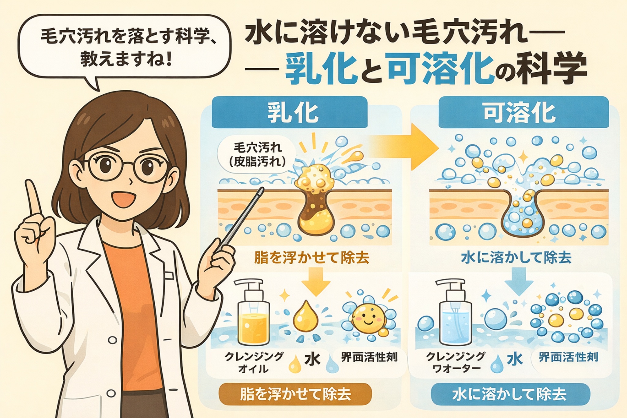 白衣と眼鏡の女性が毛穴汚れの落とし方を解説し、水に溶けない皮脂汚れを落とす「乳化」と「可溶化」の違いを図解したイラスト。左はクレンジングオイルによって脂を浮かせて除去する乳化の仕組み、右はクレンジングウォーターと界面活性剤によって水に溶かして除去する可溶化の仕組みを、毛穴断面と泡の表現で分かりやすく説明している。