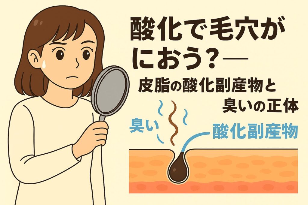 「毛穴のにおいを気にしてルーペで観察する女性。下部には皮膚断面図があり、皮脂が酸化して臭い成分（酸化副産物）を発する様子を可視化。酸化した皮脂から立ち上るにおいのイメージと、酸化副産物のラベルが付いた構造解説イラスト。」