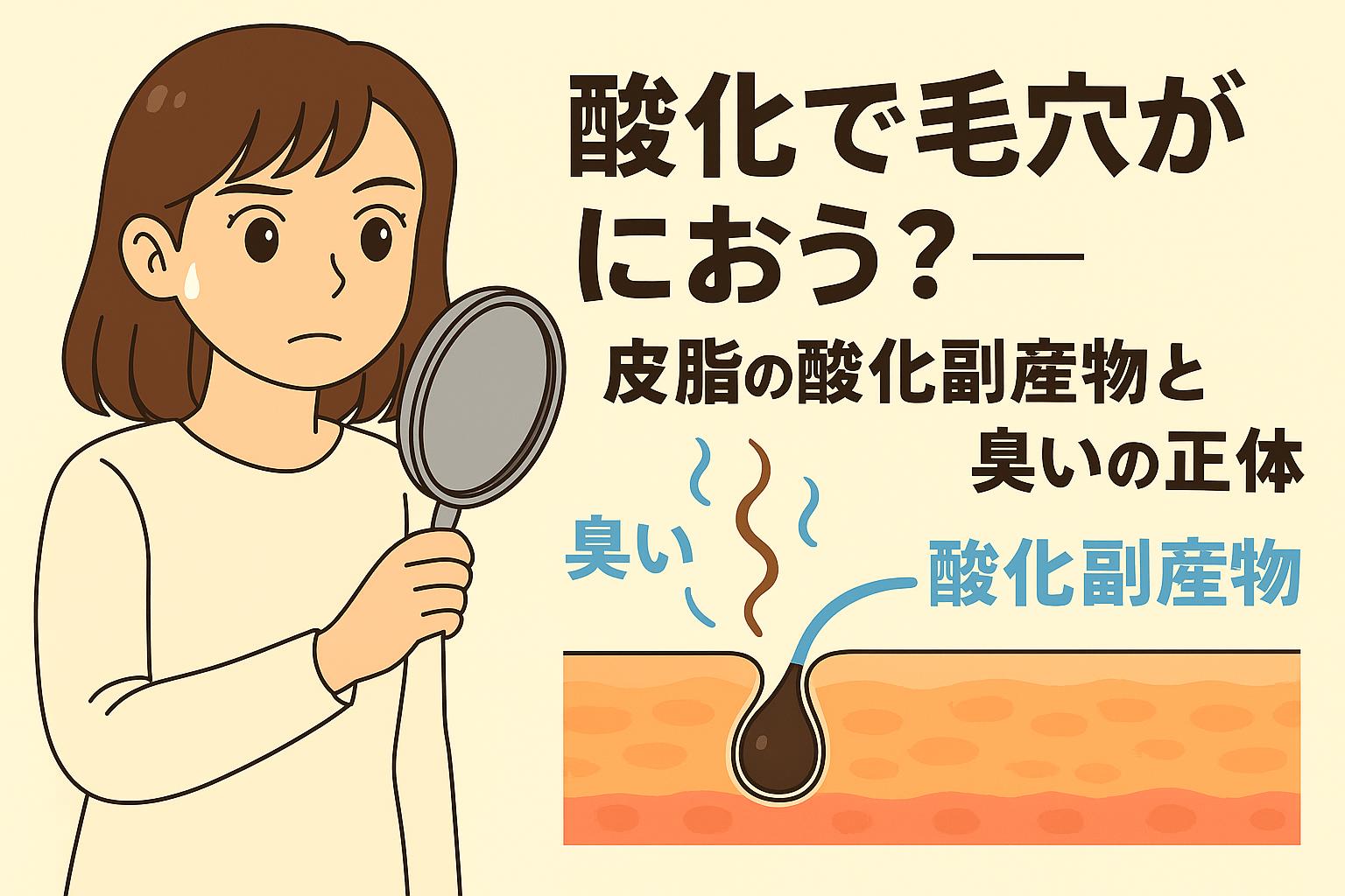「毛穴のにおいを気にしてルーペで観察する女性。下部には皮膚断面図があり、皮脂が酸化して臭い成分（酸化副産物）を発する様子を可視化。酸化した皮脂から立ち上るにおいのイメージと、酸化副産物のラベルが付いた構造解説イラスト。」