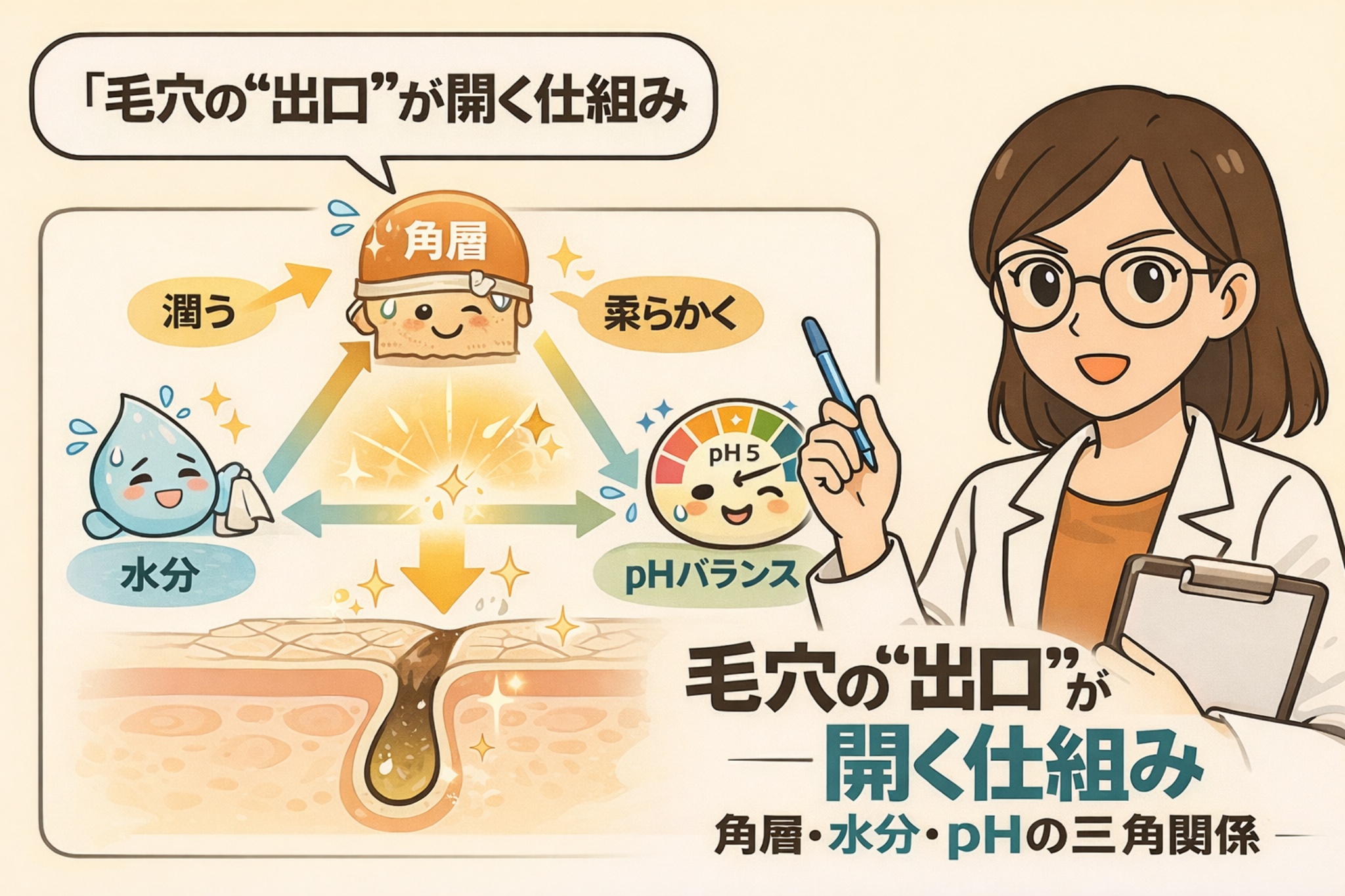 毛穴の「出口」が開く仕組みを解説する図解イラスト。角層の柔らかさ、水分量、pHバランスの三角関係によって毛穴出口が開きやすくなる様子を毛穴断面で示し、白衣の女性がペンとクリップボードを持って説明している。