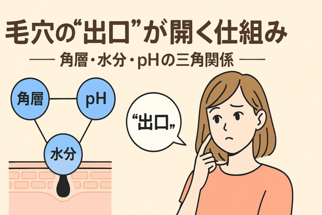 毛穴の出口が開く仕組みをテーマにしたイラスト。左側には角層・水分・pHの三角関係を示す図が描かれ、皮膚断面に水分バランスが示されている。右側ではオレンジの服を着た女性が頬に手を当てて考えており、吹き出しに「出口」と書かれている。テキストには「毛穴の“出口”が開く仕組み ―角層・水分・pHの三角関係―」と書かれている。