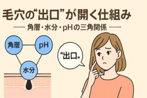 毛穴の出口が開く仕組みをテーマにしたイラスト。左側には角層・水分・pHの三角関係を示す図が描かれ、皮膚断面に水分バランスが示されている。右側ではオレンジの服を着た女性が頬に手を当てて考えており、吹き出しに「出口」と書かれている。テキストには「毛穴の“出口”が開く仕組み ―角層・水分・pHの三角関係―」と書かれている。