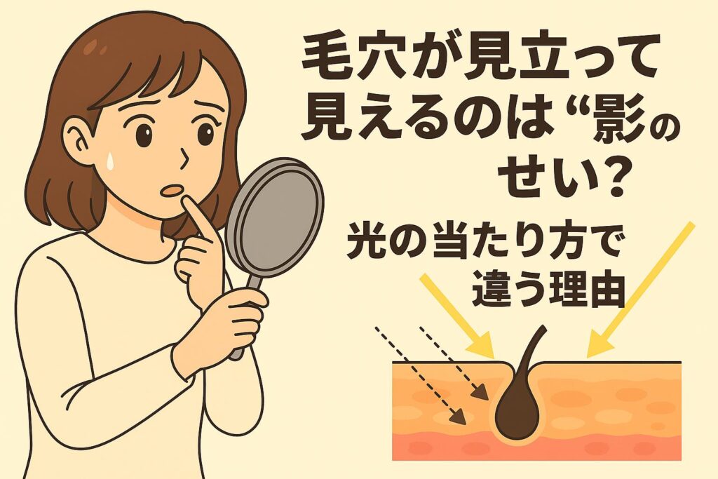 「毛穴が見立って見えるのは“影”のせい？──光の当たり方で違う理由」を説明するイラスト。左側では女性が鏡を持って毛穴の見え方に驚く表情。右側には皮膚断面図があり、光が斜めから当たると毛穴のくぼみに影が落ちて濃く見える仕組みを矢印で示している。光の角度によって毛穴が強調されて見える視覚的効果を説明した図。