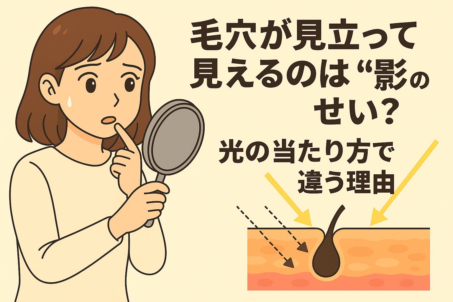 「毛穴が見立って見えるのは“影”のせい？──光の当たり方で違う理由」を説明するイラスト。左側では女性が鏡を持って毛穴の見え方に驚く表情。右側には皮膚断面図があり、光が斜めから当たると毛穴のくぼみに影が落ちて濃く見える仕組みを矢印で示している。光の角度によって毛穴が強調されて見える視覚的効果を説明した図。
