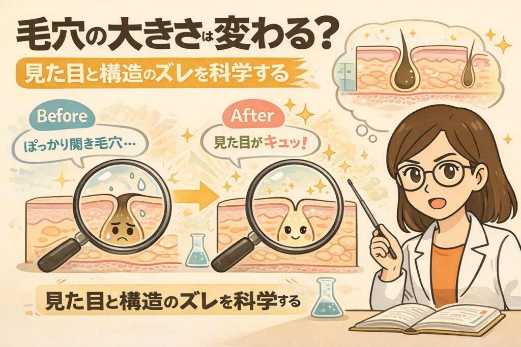 毛穴の大きさは変わるのかをテーマに、見た目と構造の違いを解説したイラスト。Beforeではぽっかり開いて見える毛穴、Afterでは引き締まって見える毛穴を拡大図で比較し、実際の毛穴構造そのものではなく「見た目の変化」が起きていることを示している。白衣を着た女性が解説する形で、毛穴ケアにおける“見た目と構造のズレ”を科学的に分かりやすく伝えている。