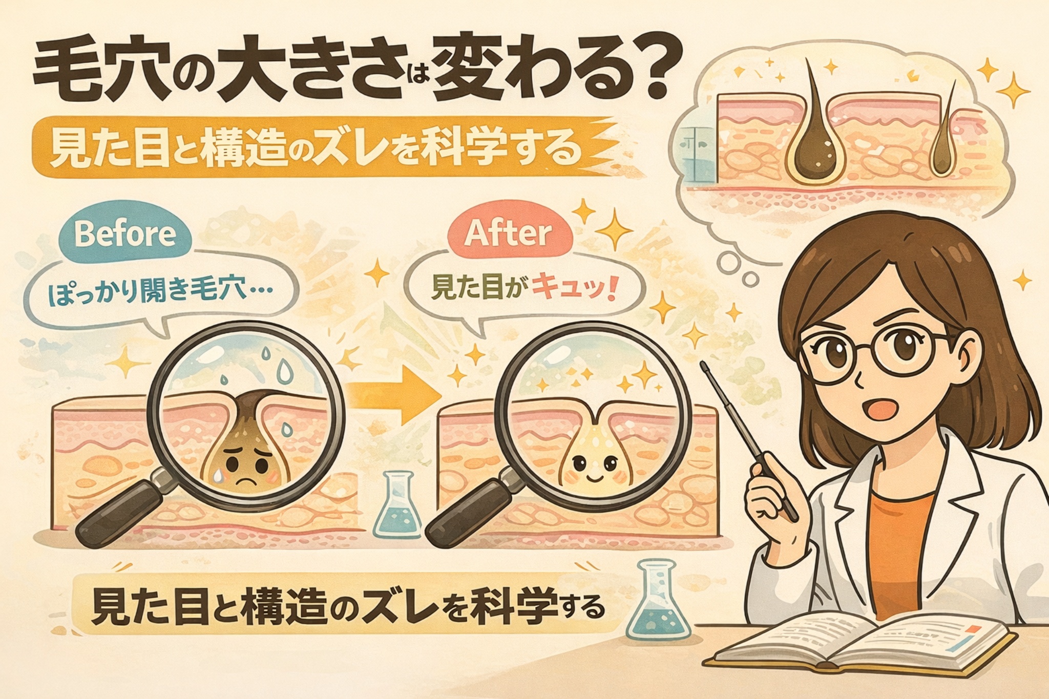 毛穴の大きさは変わるのかをテーマに、見た目と構造の違いを解説したイラスト。Beforeではぽっかり開いて見える毛穴、Afterでは引き締まって見える毛穴を拡大図で比較し、実際の毛穴構造そのものではなく「見た目の変化」が起きていることを示している。白衣を着た女性が解説する形で、毛穴ケアにおける“見た目と構造のズレ”を科学的に分かりやすく伝えている。