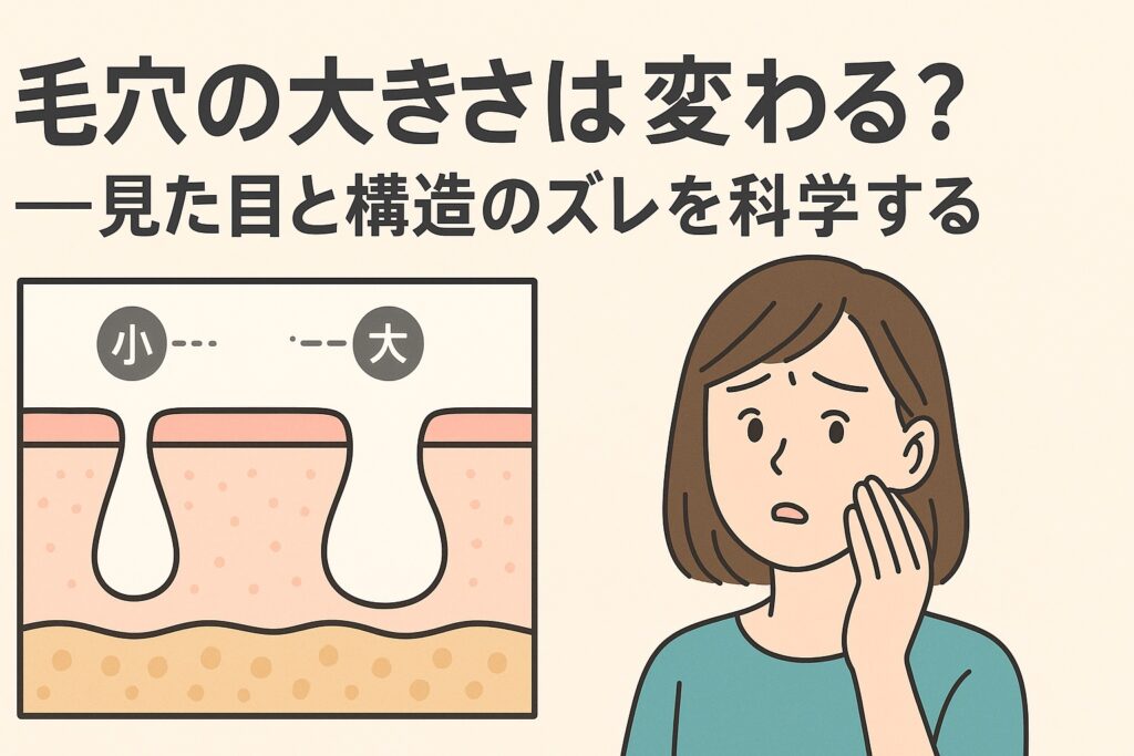 毛穴の大きさが変わるかどうかを解説するイラスト。左側には皮膚の断面図があり、「小」と「大」と示された毛穴の違いが描かれている。右側では青緑の服を着た女性が心配そうに頬に手を当てている。テキストには「毛穴の大きさは変わる？ ―見た目と構造のズレを科学する―」と書かれている。