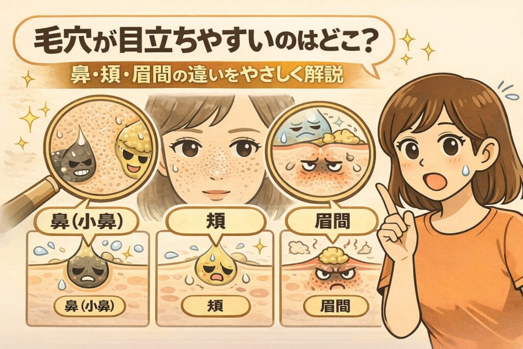 毛穴が目立ちやすい部位の違いを解説した図解イラスト。鼻（小鼻）、頬、眉間それぞれの毛穴構造を拡大して比較し、皮脂量や角栓のたまりやすさの違いを擬人化キャラクターで表現している。右側には解説役の女性が指差しで補足し、部位ごとに毛穴が目立つ理由をやさしく説明する教育的ビジュアル。