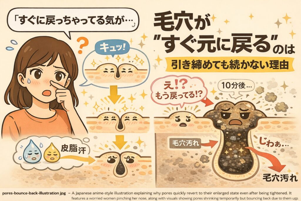 毛穴を引き締めてもすぐ元に戻ってしまう理由を解説した図解イラスト。鼻を気にする女性と、毛穴が一時的に縮むものの皮脂や汗の影響で再び開き、毛穴汚れが戻る過程を段階的に描いている。引き締めケアが持続しない構造的な理由を、毛穴断面図と擬人化キャラクターで分かりやすく示した教育的ビジュアル。